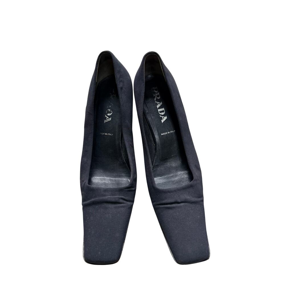 Prada Women's Square Toe Pumps 37.5 Black Fabric Kitten Heel Made in Italy